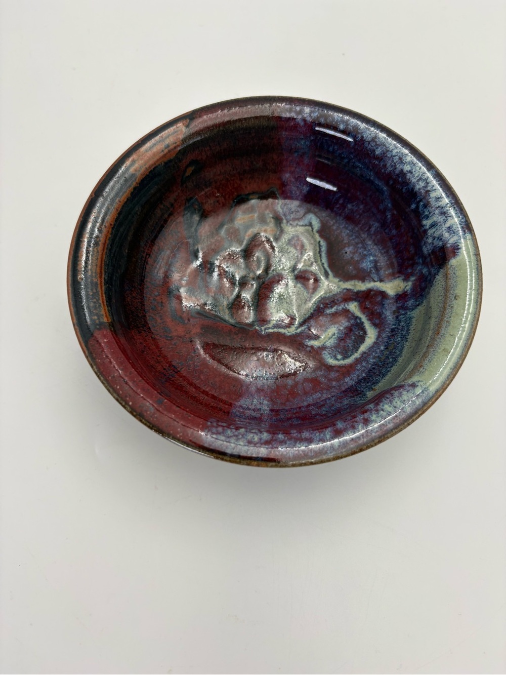 Handcrafted Signed Art Pottery  Bowl in Deep Red and Blue Glaze